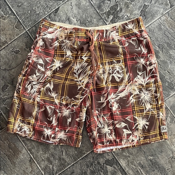 Honolua Other - HONOLUA Men’s Floral Plaid Brown Lace-Front Sporty Swim Beach Pool Board Shorts